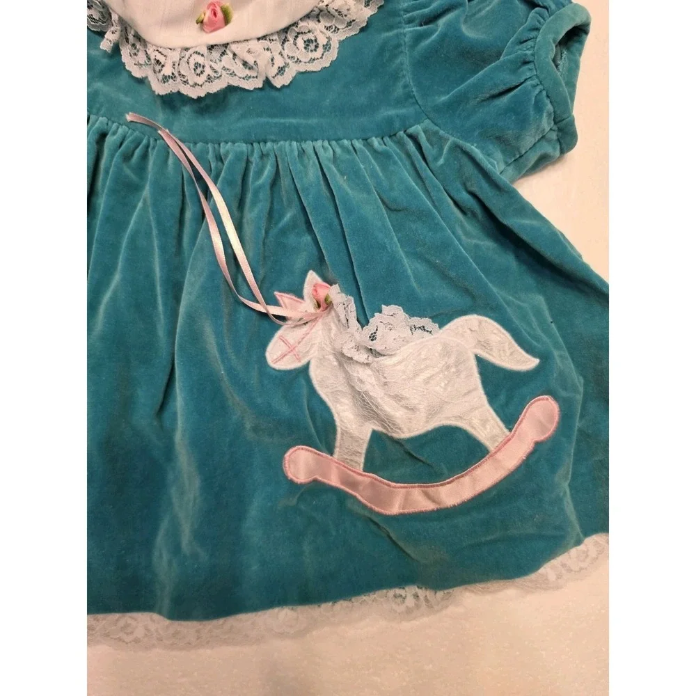Vintage Nannette Baby Girls Velvet Dress 6-9 M Teal Rocking Horse Lace Collar